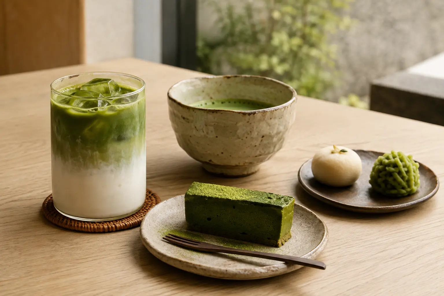 抹茶ラテ、抹茶テリーヌ、和菓子を並べたカフェテーブル