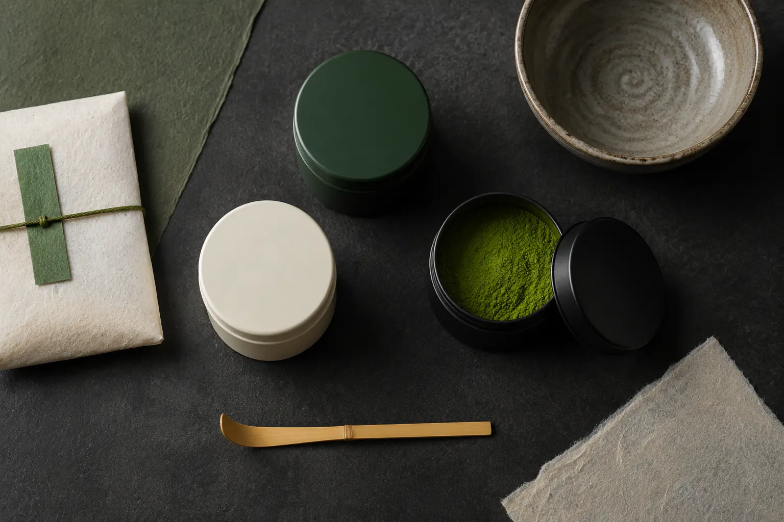 抹茶缶、抹茶粉、茶杓、茶碗を並べた商品イメージ